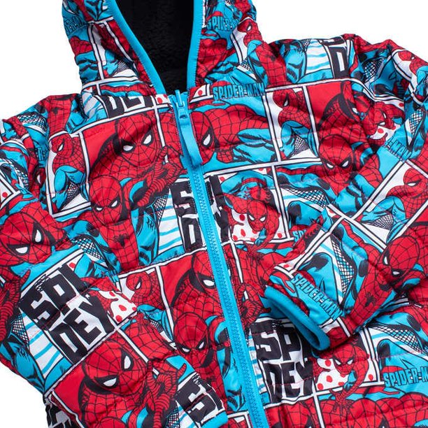 Marvel Spiderman Kids Reversible Quilted Fleece Hooded Full Zip Jacket - Size 5