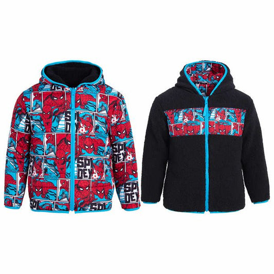 Marvel Spiderman Kids Reversible Quilted Fleece Hooded Full Zip Jacket - Size 5